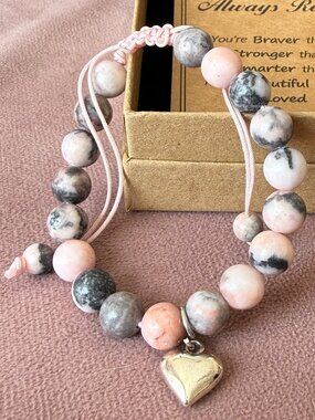Natural Stone Stretch Bracelet w Inspirational Card Pink and Gray Zebra Jaspar